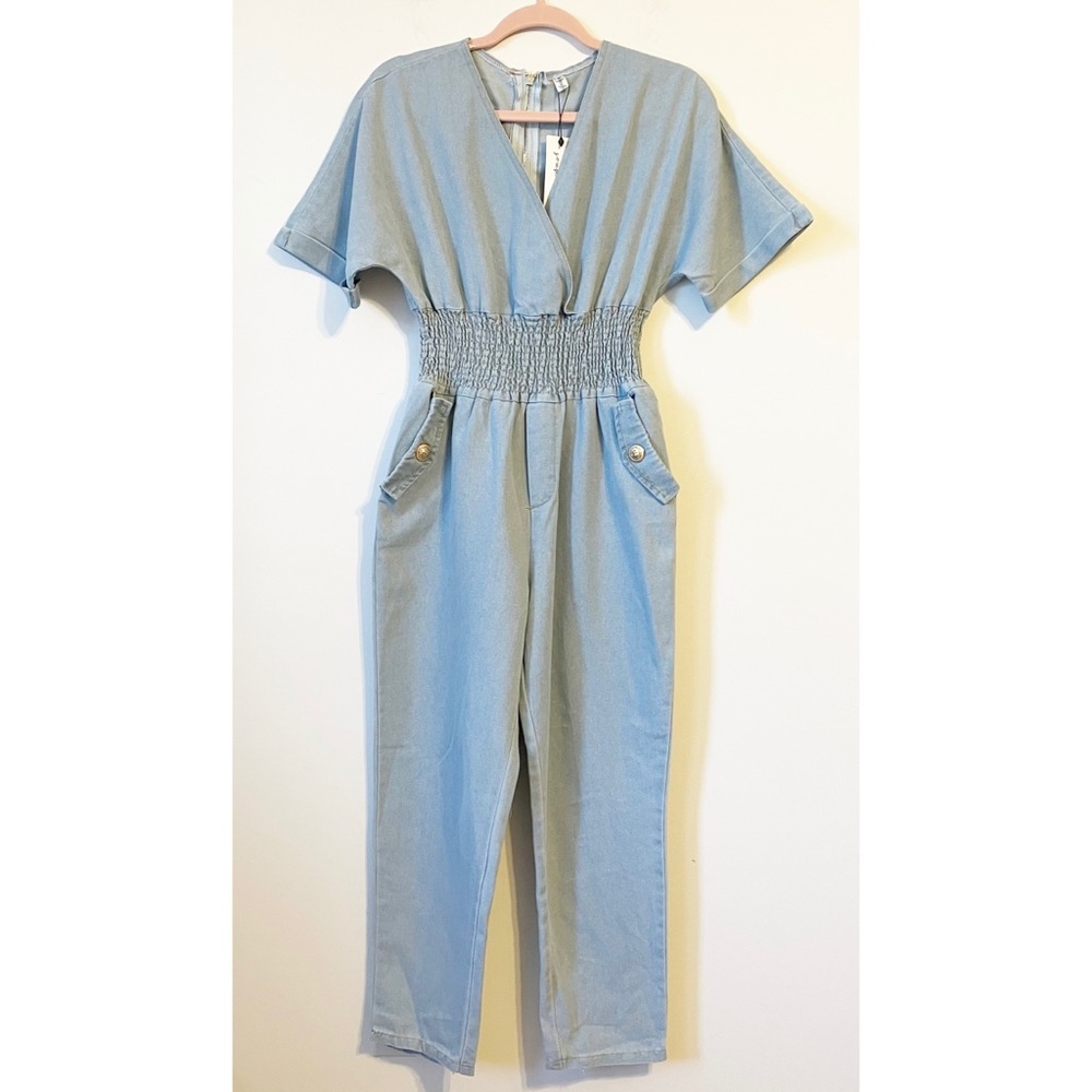 Boutique Denim Jumpsuit Straight Leg V-Neck Medium